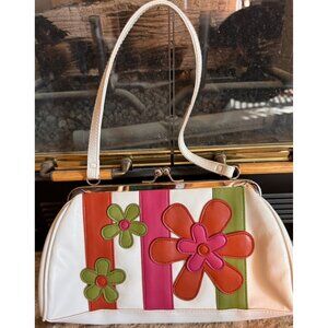 Vintage White and Floral Leather Bag Chateau Kiss Lock